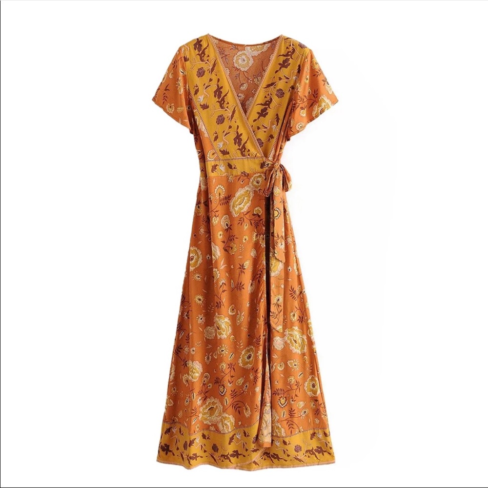 Boho Floral Gypsy Print Maxi Wrap Dress Yellow - Picture 3 of 5